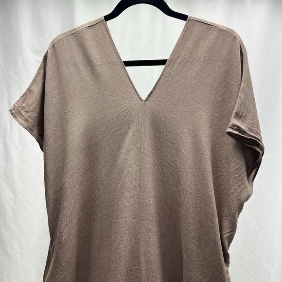 Neuflora Women's Linen Blend Midi Dress Size Small Taupe V Neck Pockets - Picture 2 of 12